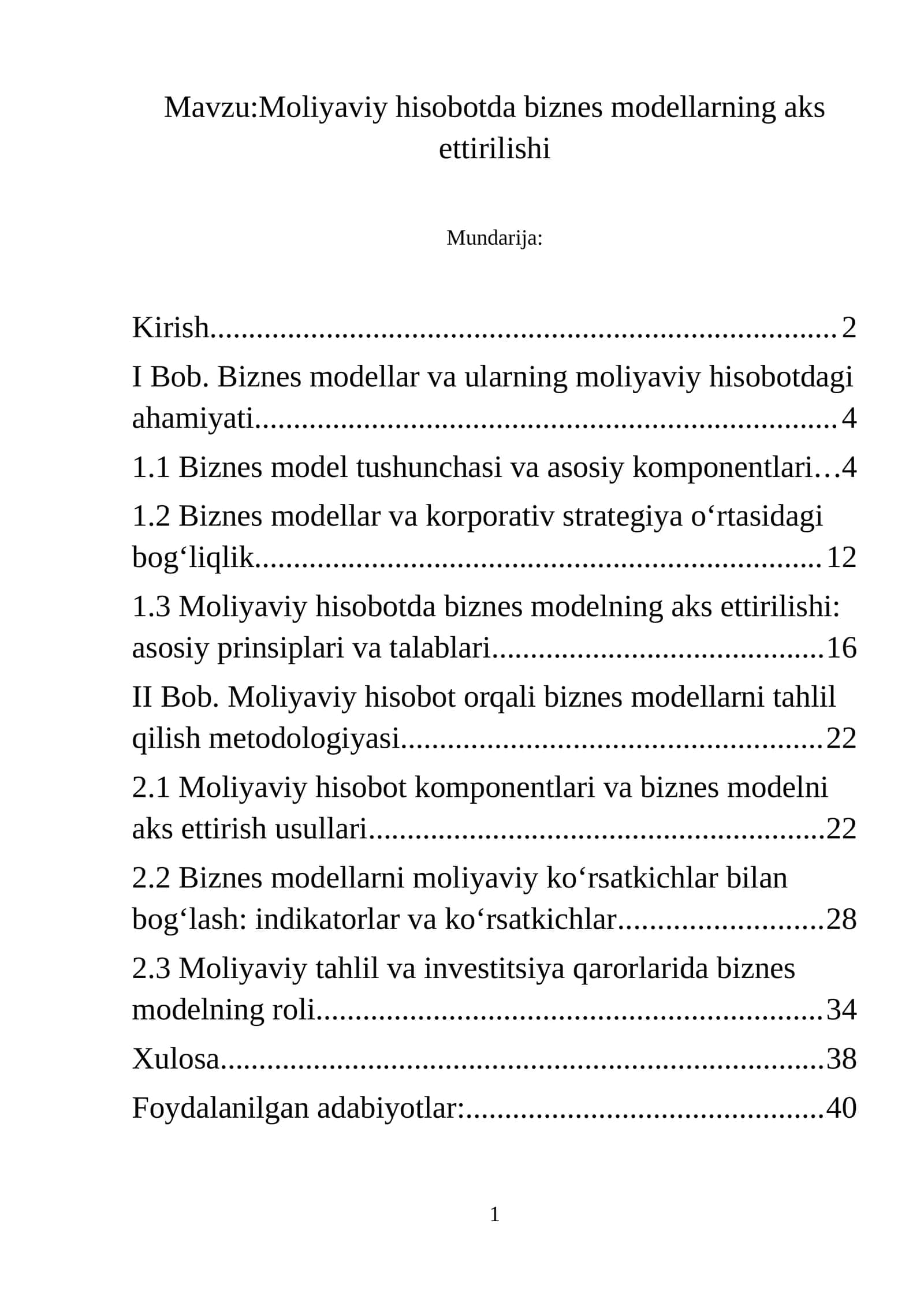 Moliyaviy hisobotda biznes modellarning aks ettirilishi