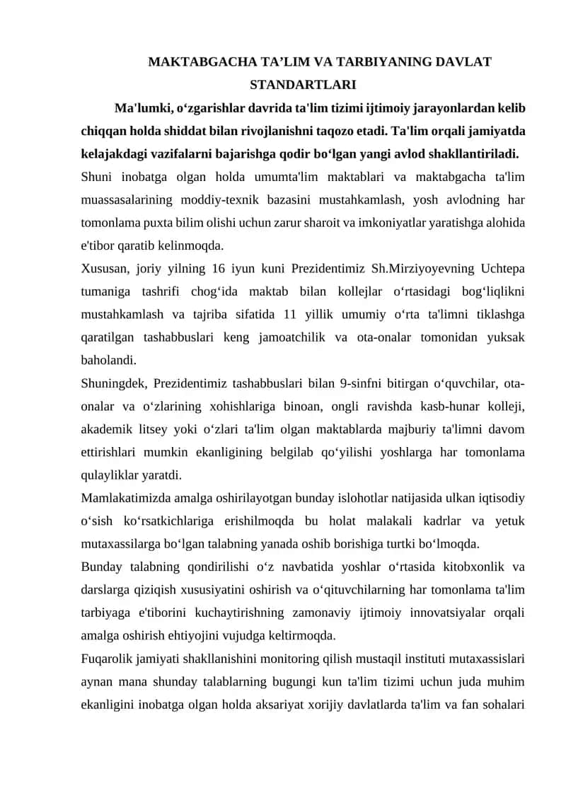 MAKTABGACHA TAʼLIM VA TARBIYANING DAVLAT STANDARTLARI