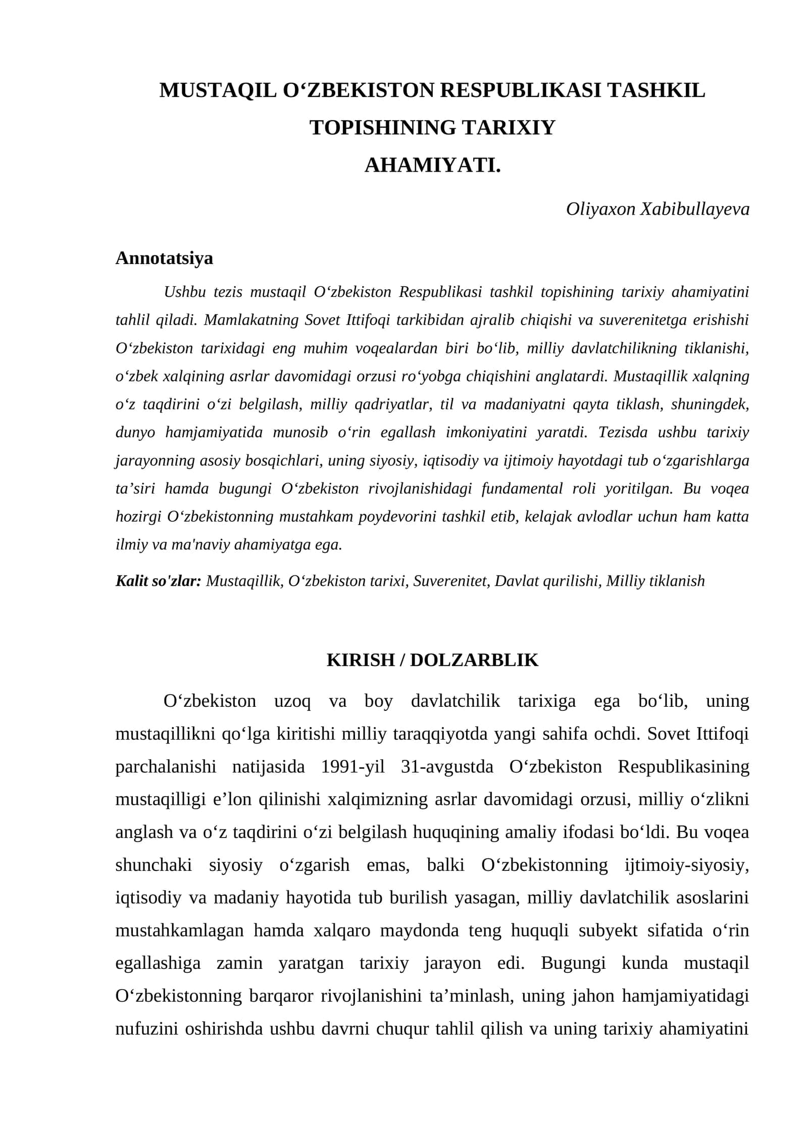 MUSTAQIL O‘ZBEKISTON RESPUBLIKASI TASHKIL TOPISHINING TARIXIY AHAMIYATI