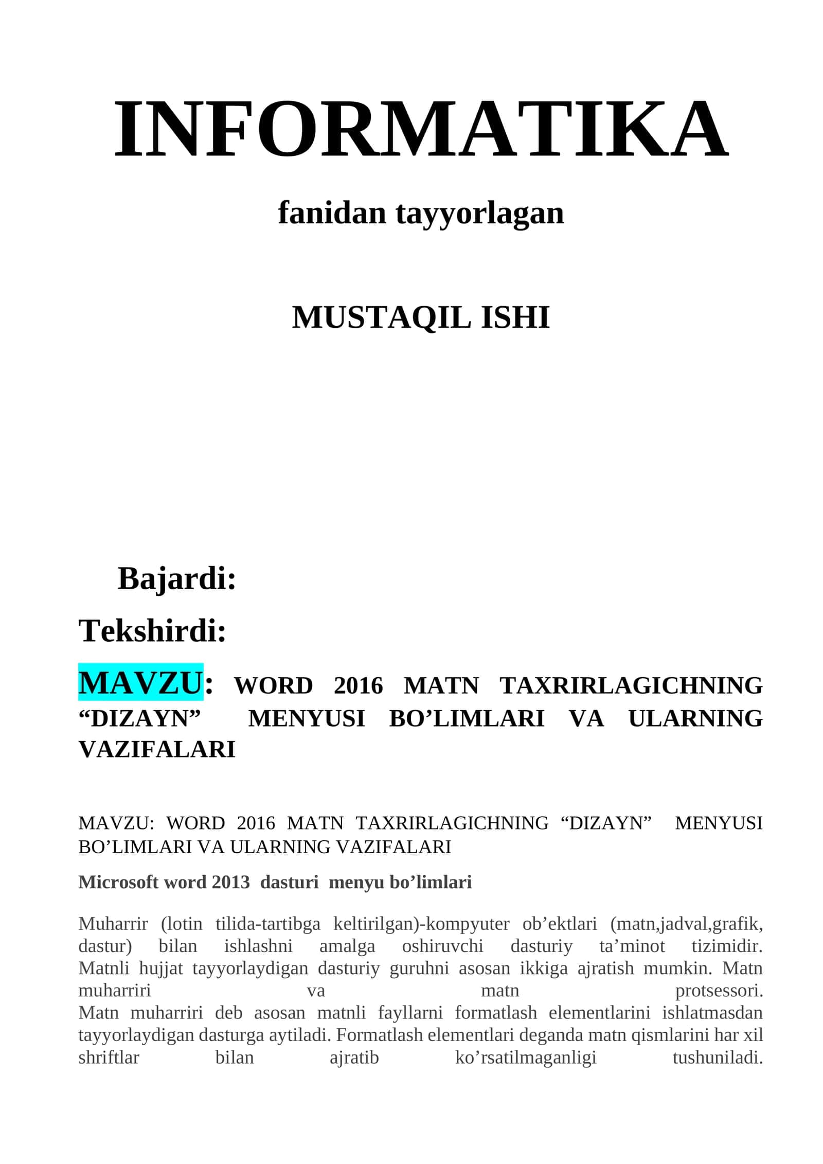 WORD 2016 MATN TAXRIRLAGICHNING “DIZAYN” MENYUSI BO’LIMLARI VA ULARNING VAZIFALARI