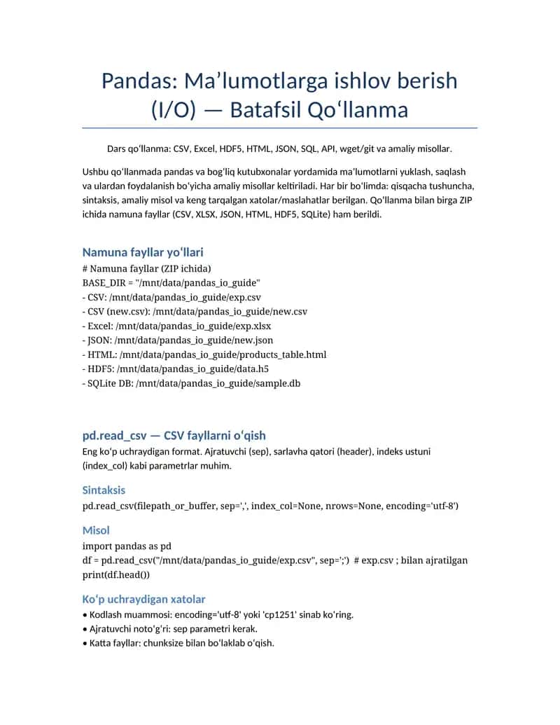 Pandas: Maʼlumotlarga ishlov berish (I/O) — Batafsil Qo‘llanma