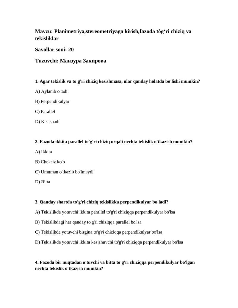 Planimetriya,stereometriyaga kirish,fazoda tògʻri chiziq va tekisliklar