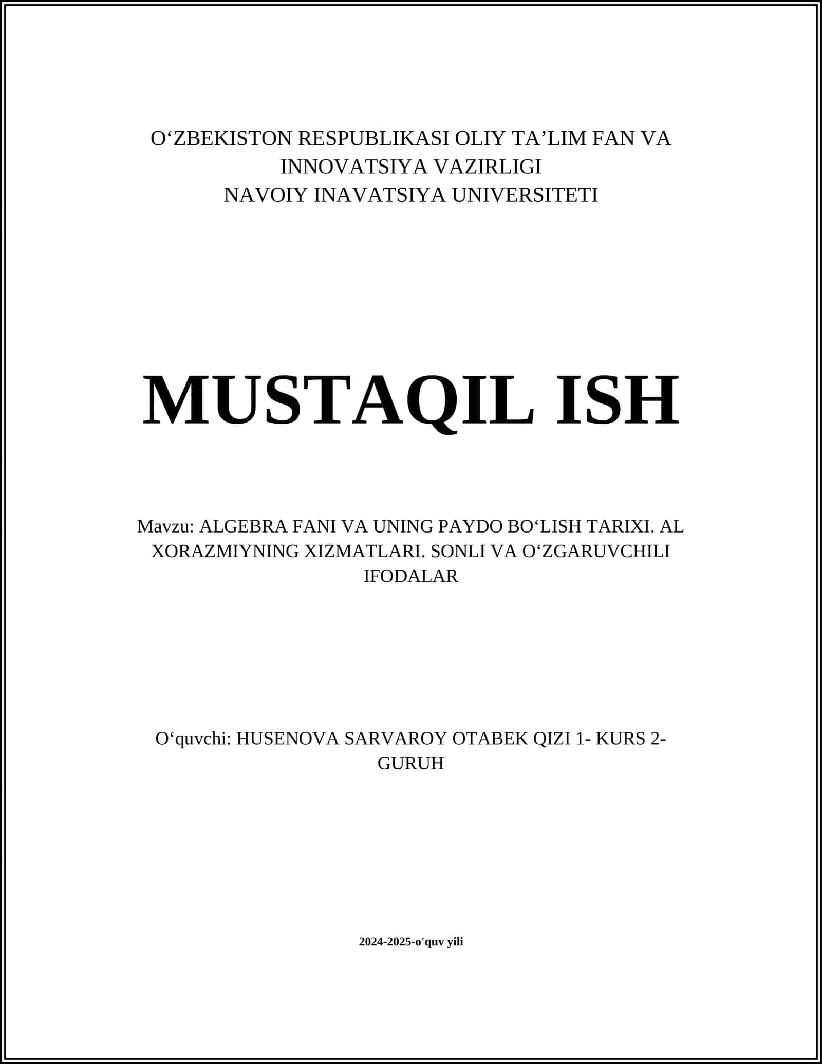ALGEBRA FANI VA UNING PAYDO BOʻLISH TARIXI