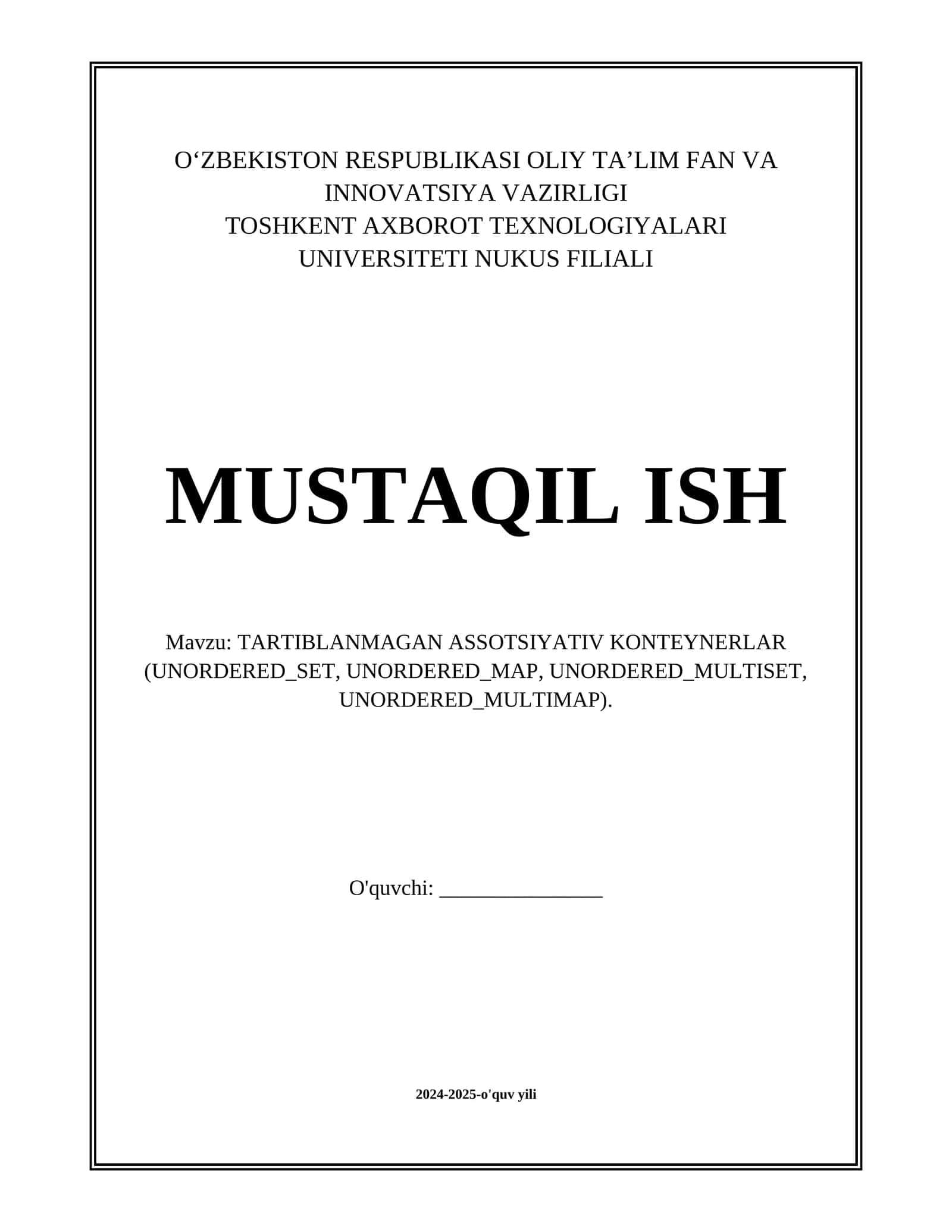 TARTIBLANMAGAN ASSOTSIYATIV KONTEYNERLAR (UNORDERED_SET, UNORDERED_MAP, UNORDERED_MULTISET, UNORDERED_MULTIMAP).