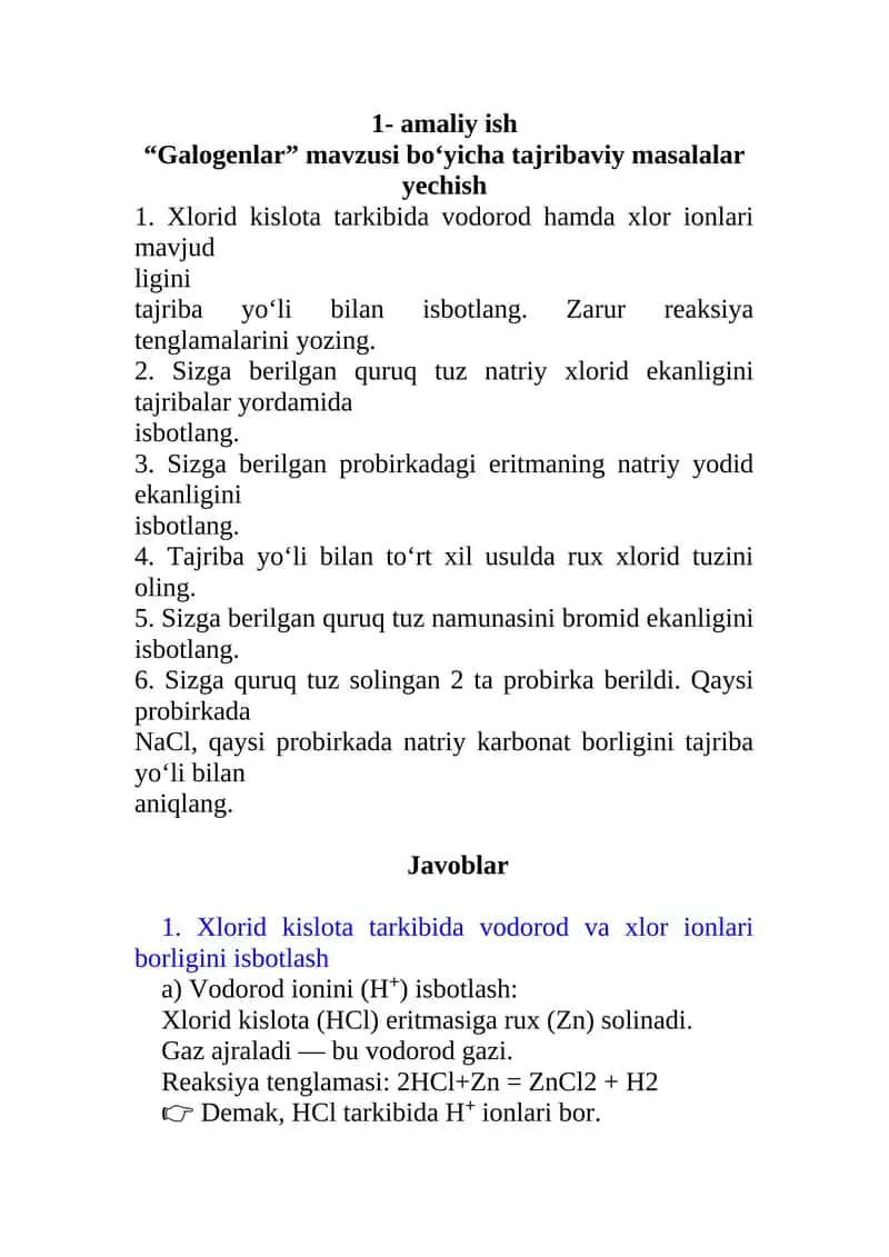 Galogenlar mavzusi bo‘yicha tajribaviy masalalar yechish