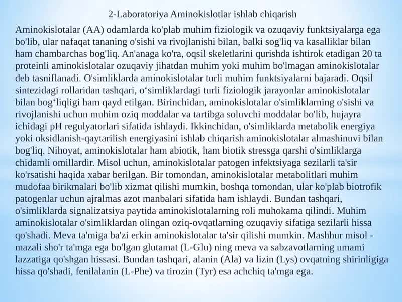 Laboratoriya Aminokislotlar ishlab chiqarish