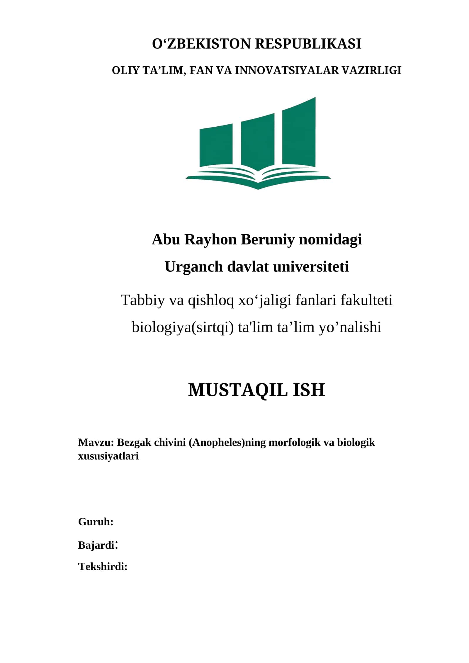 Bezgak chivini (Anopheles)ning morfologik va biologik xususiyatlari