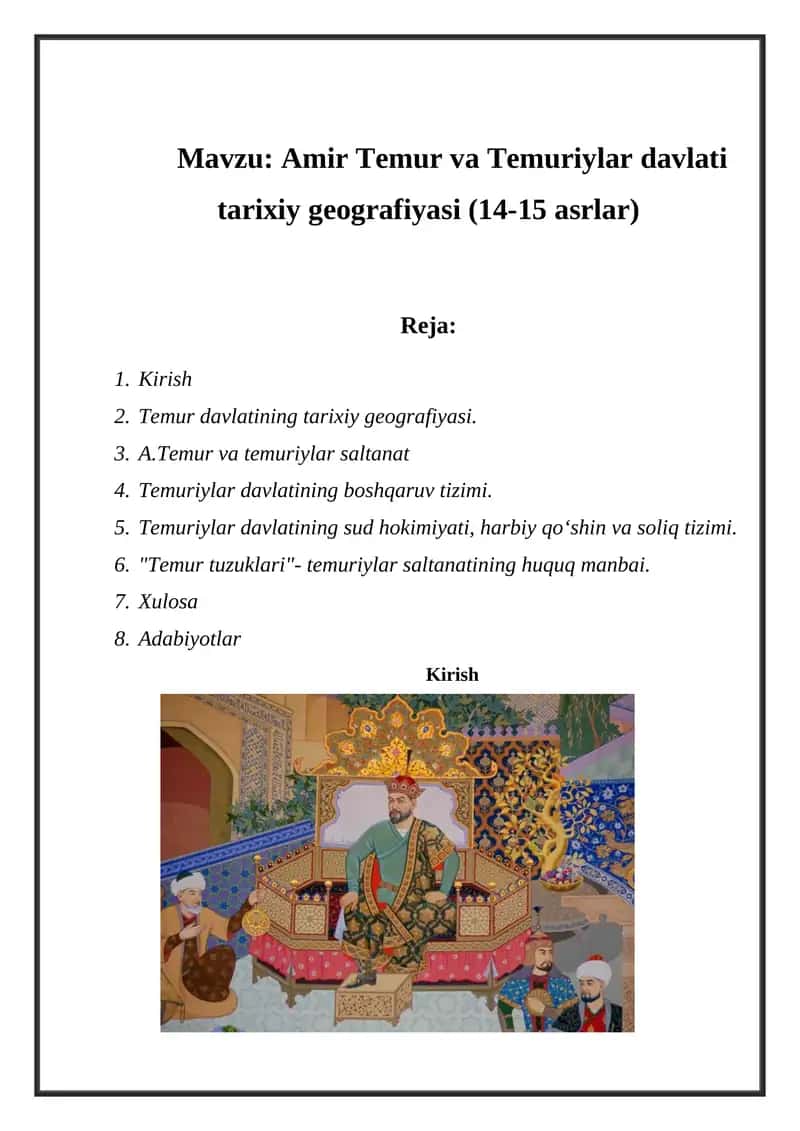 Amir Temur va Temuriylar davlati tarixiy geografiyasi (14-15 asrlar)