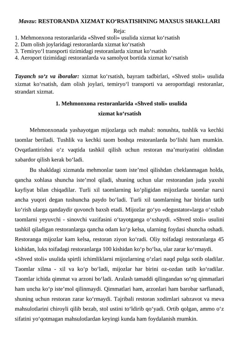 RESTORANDA XIZMAT KO‘RSATISHNING MAXSUS SHAKLLARI
