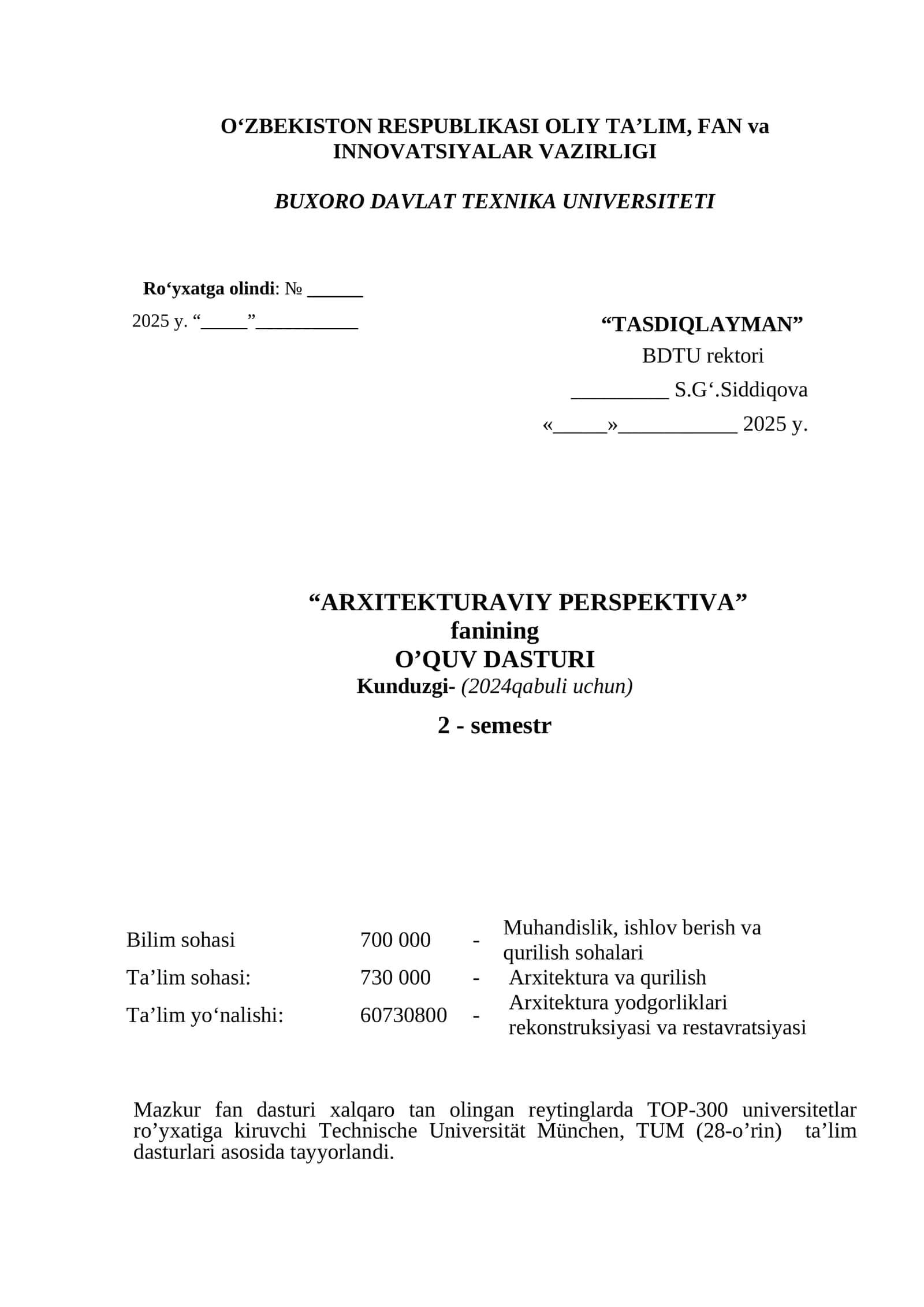 “ARXITEKTURAVIY PERSPEKTIVA” fanining O’QUV DASTURI Kunduzgi- (2024qabuli uchun) 2-semestr