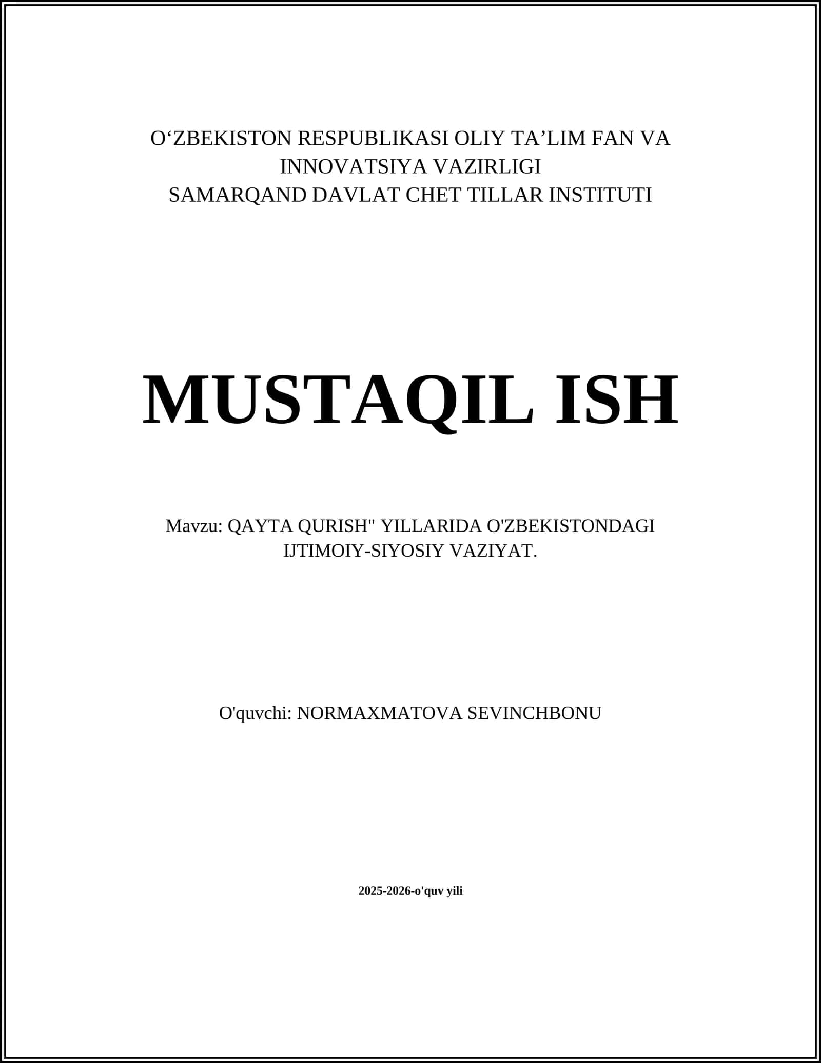 QAYTA QURISH" YILLARIDA O'ZBEKISTONDAGI IJTIMOIY-SIYOSIY VAZIYAT