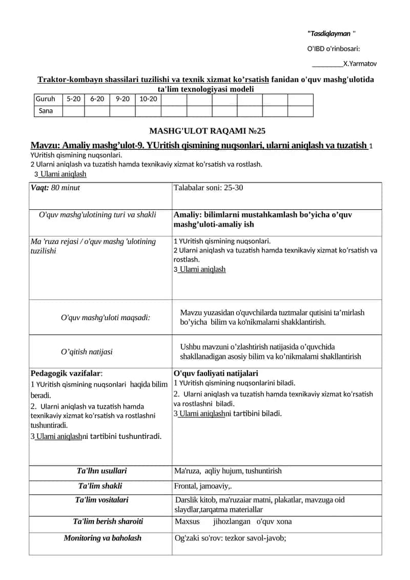 Traktor-kombayn shassilari tuzilishi va texnik xizmat ko’rsatish fаnidan o'quv mashg'ulotida ta'lim texnologiyasi modeli