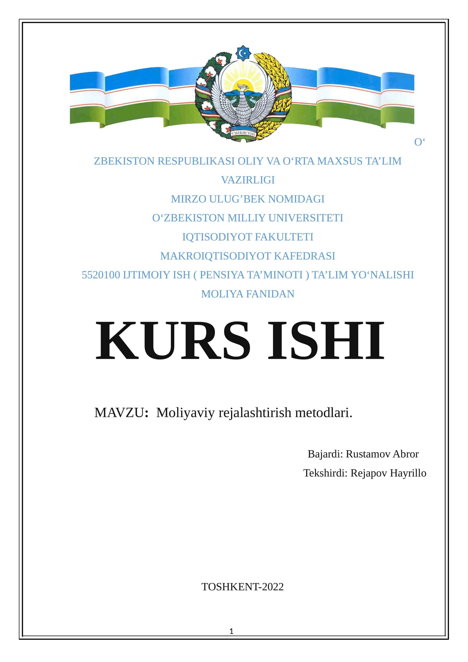 MAKROIQTISODIYOT KAFEDRASI, 5520100 IJTIMOIY ISH ( PENSIYA TA’MINOTI ) TA’LIM YO‘NALISHI