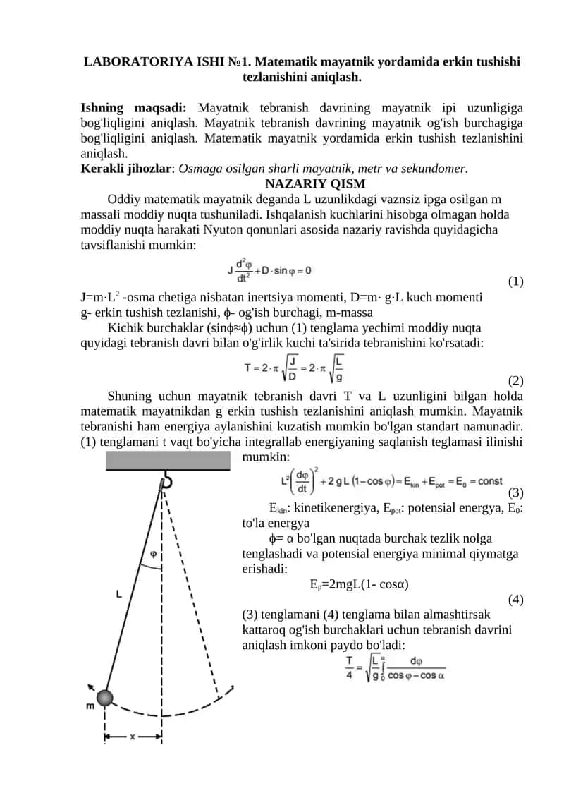 Matematik mayatnik yordamida erkin tushishi tezlanishini aniqlash.