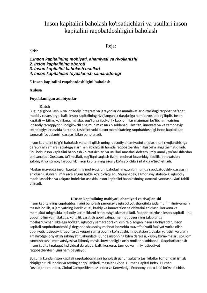 Inson kapitalini raqobatdoshligini baholash