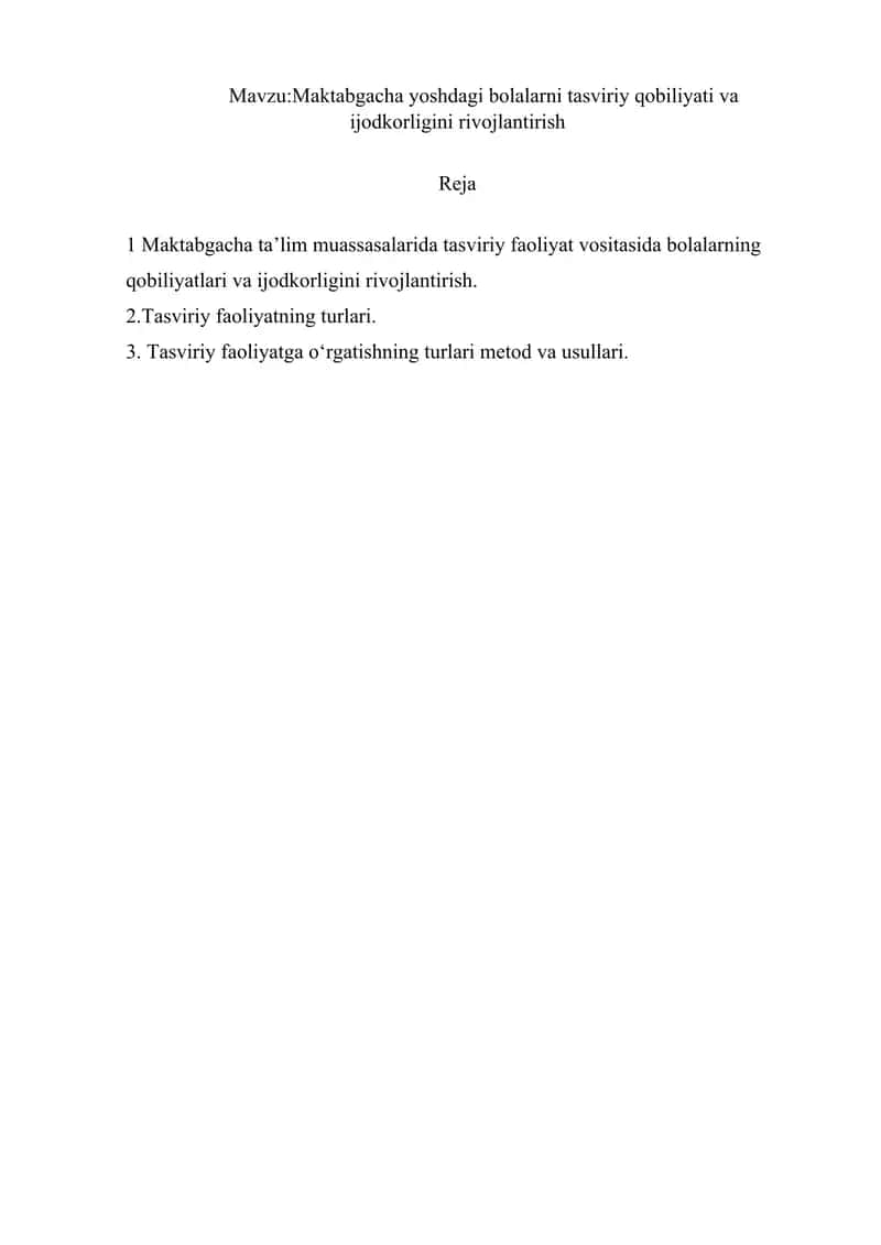 Maktabgacha yoshdagi bolalarni tasviriy qobiliyati va ijodkorligini rivojlantirish
