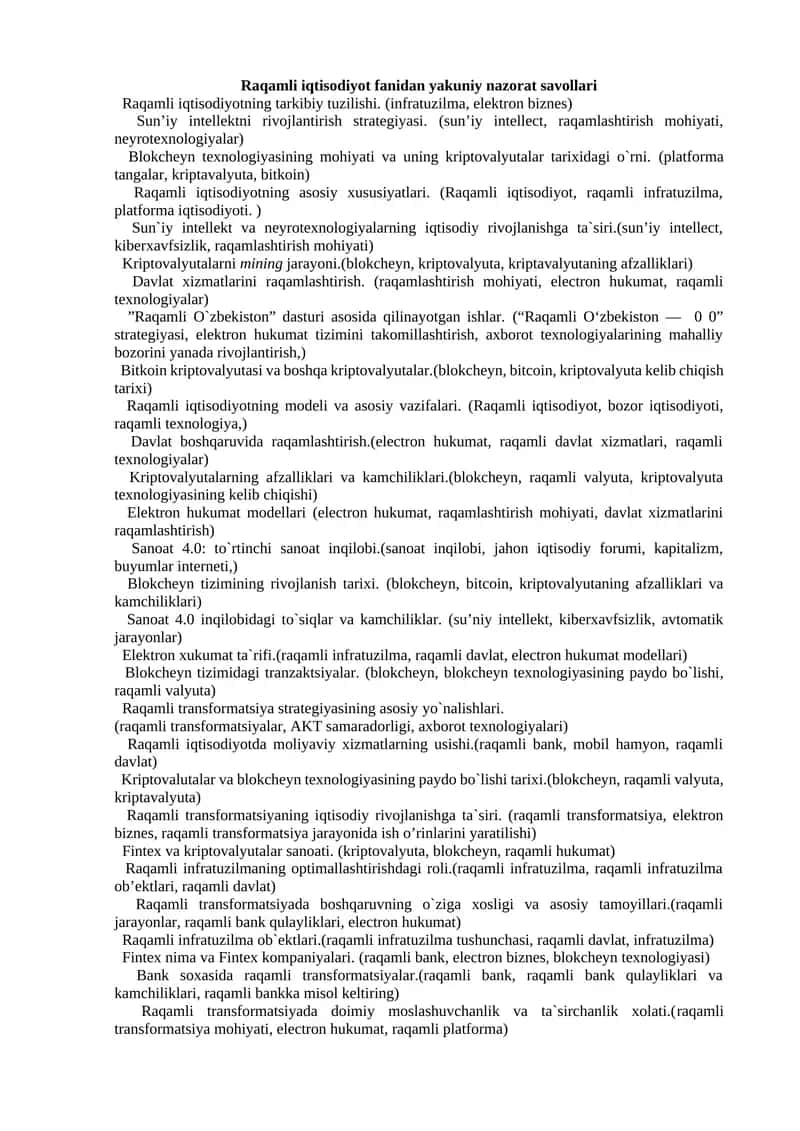 Raqamli iqtisodiyot fanidan yakuniy nazorat savollari