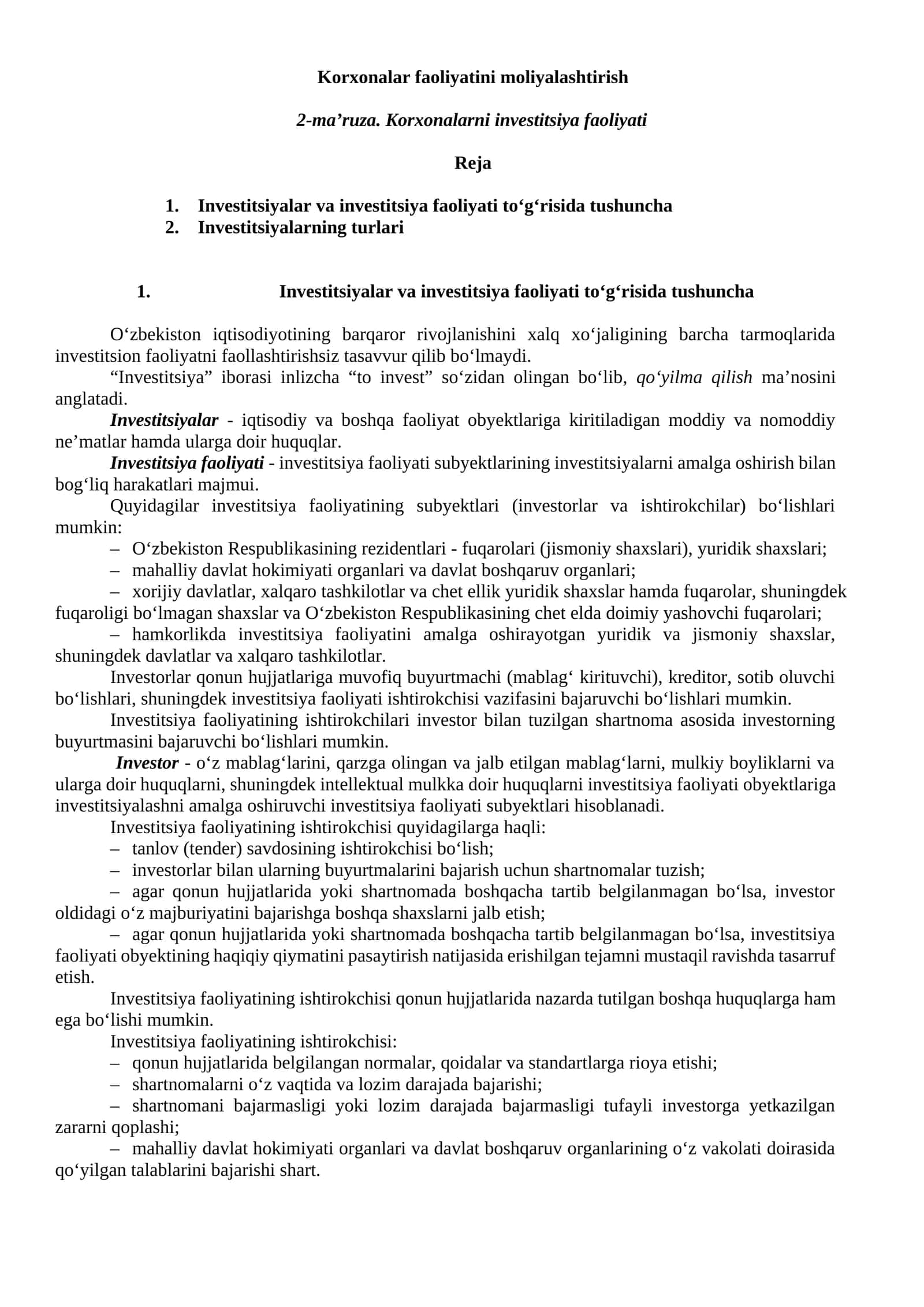 Korxonalar faoliyatini moliyalashtirish