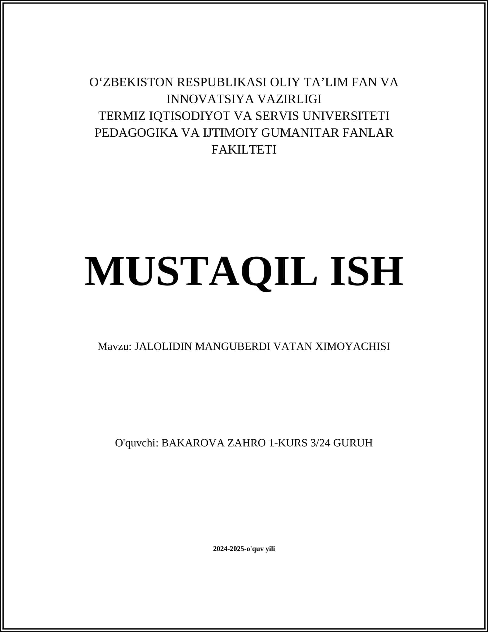 JALOLIDIN MANGUBERDI VATAN XIMOYACHISI