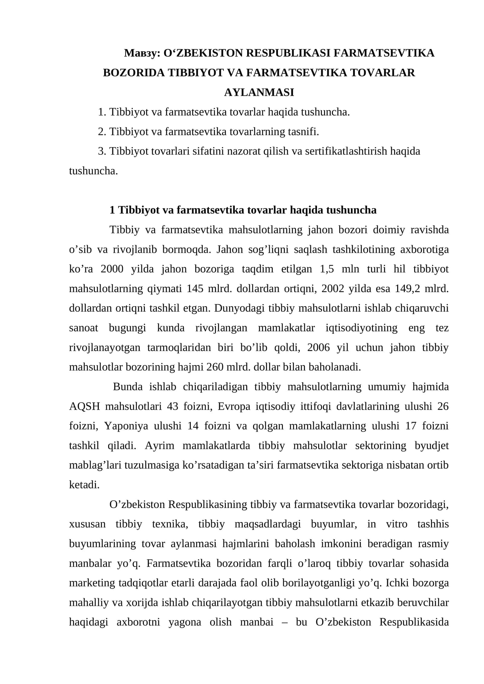 O‘ZBEKISTON RESPUBLIKASI FARMATSEVTIKA BOZORIDA TIBBIYOT VA FARMATSEVTIKA TOVАRLАR AYLANMASI
