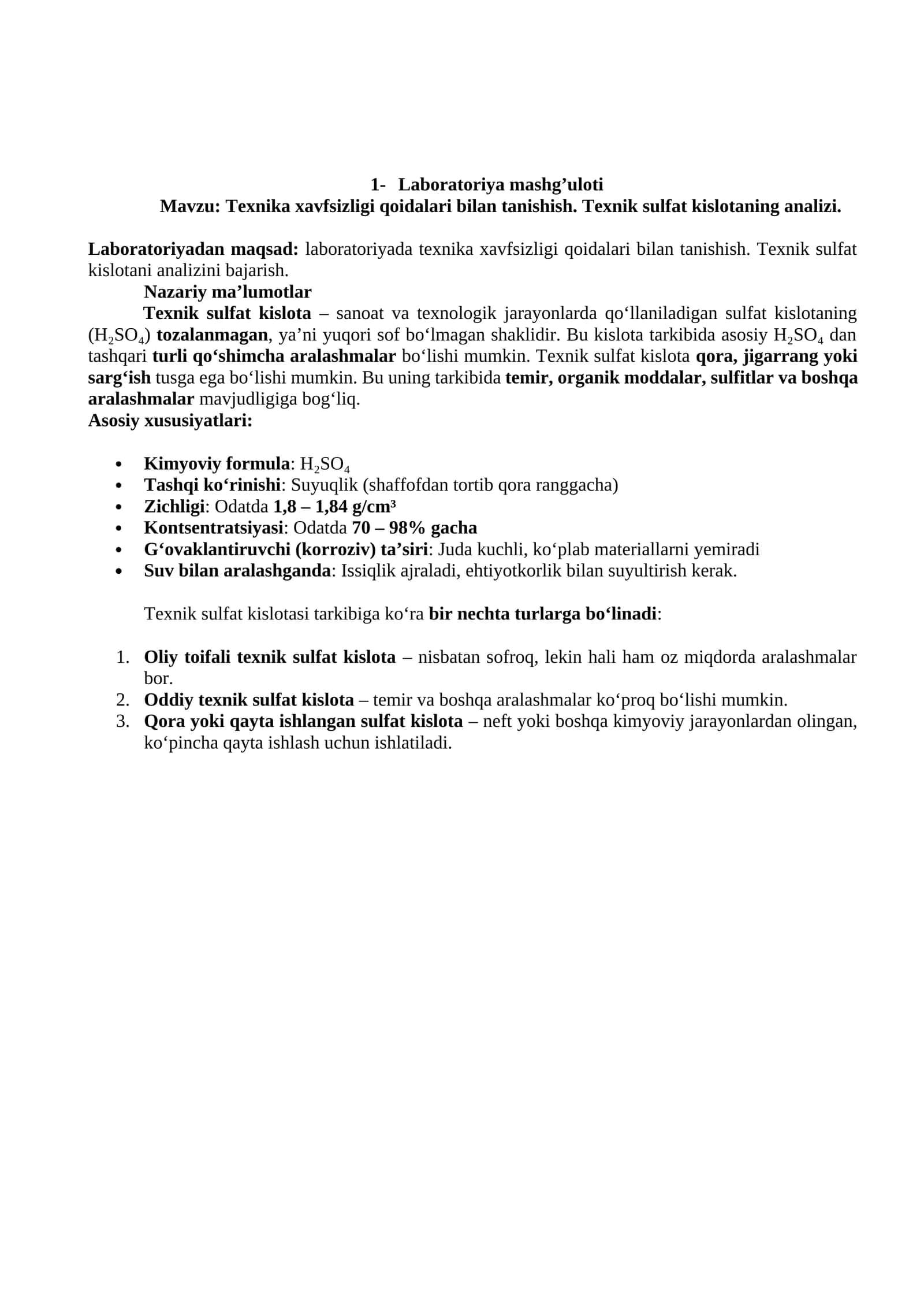 Tanishish bilan laboratoriyada texnika xavfsizligi qoidalari va texnik sulfat kislotaning analizini