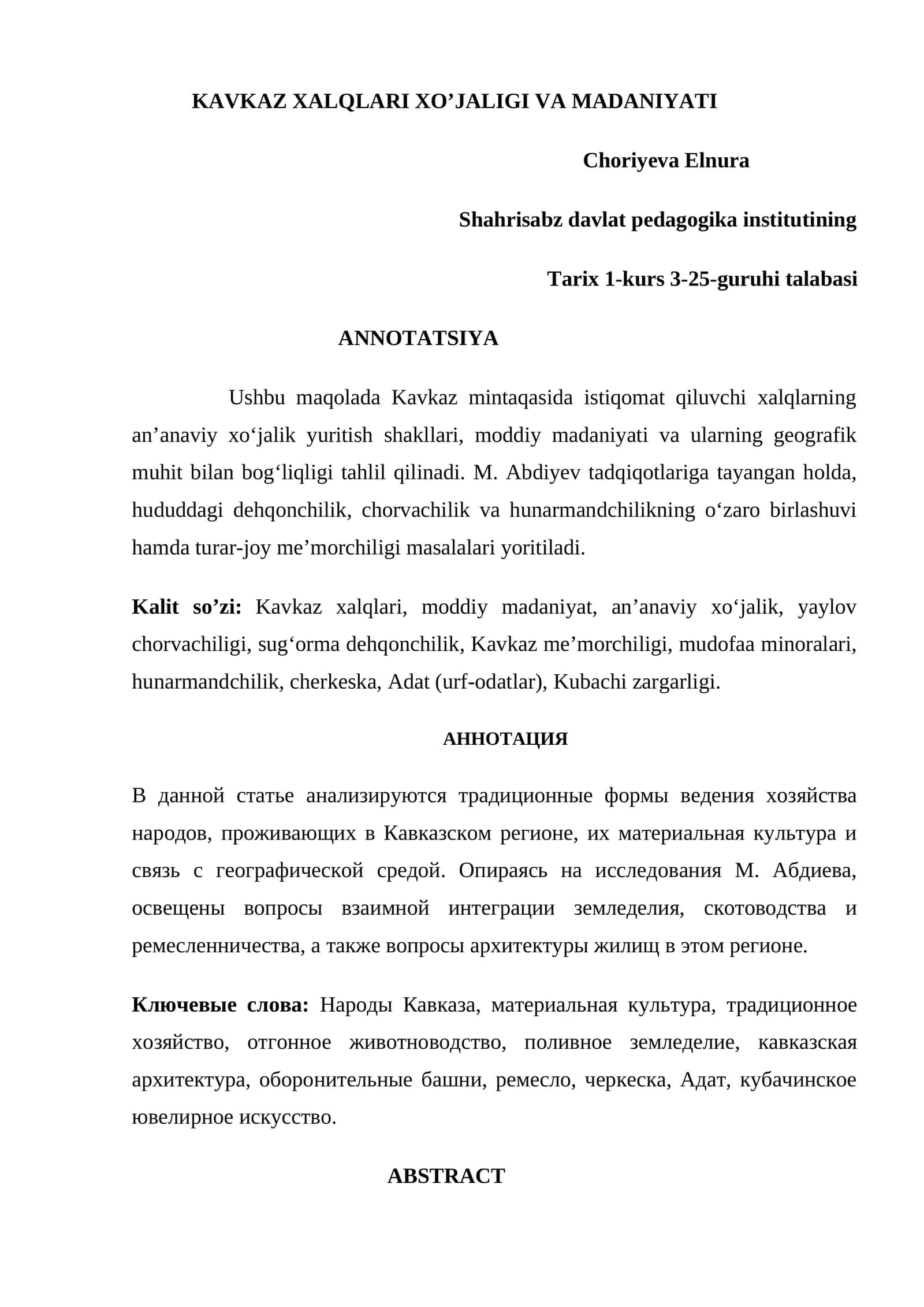 KAVKAZ XALQLARI XO’JALIGI VA MADANIYATI