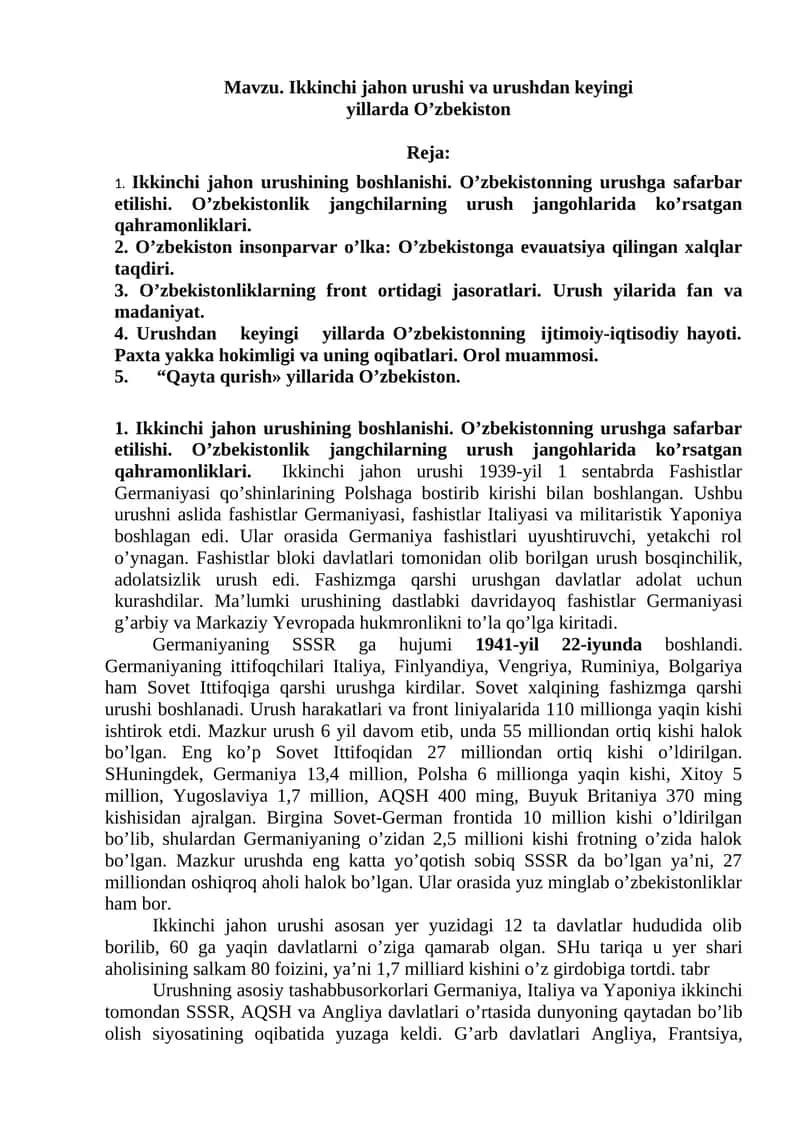 Ikkinchi jahon urushi va urushdan keyingi yillarda O’zbekiston