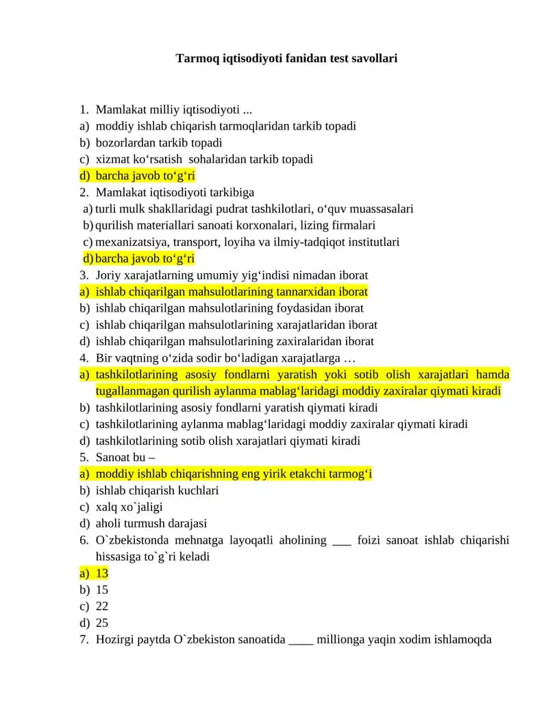 Tarmoqlar iqtisodiyoti fanidan yakuniy test savollari javoblari bilan