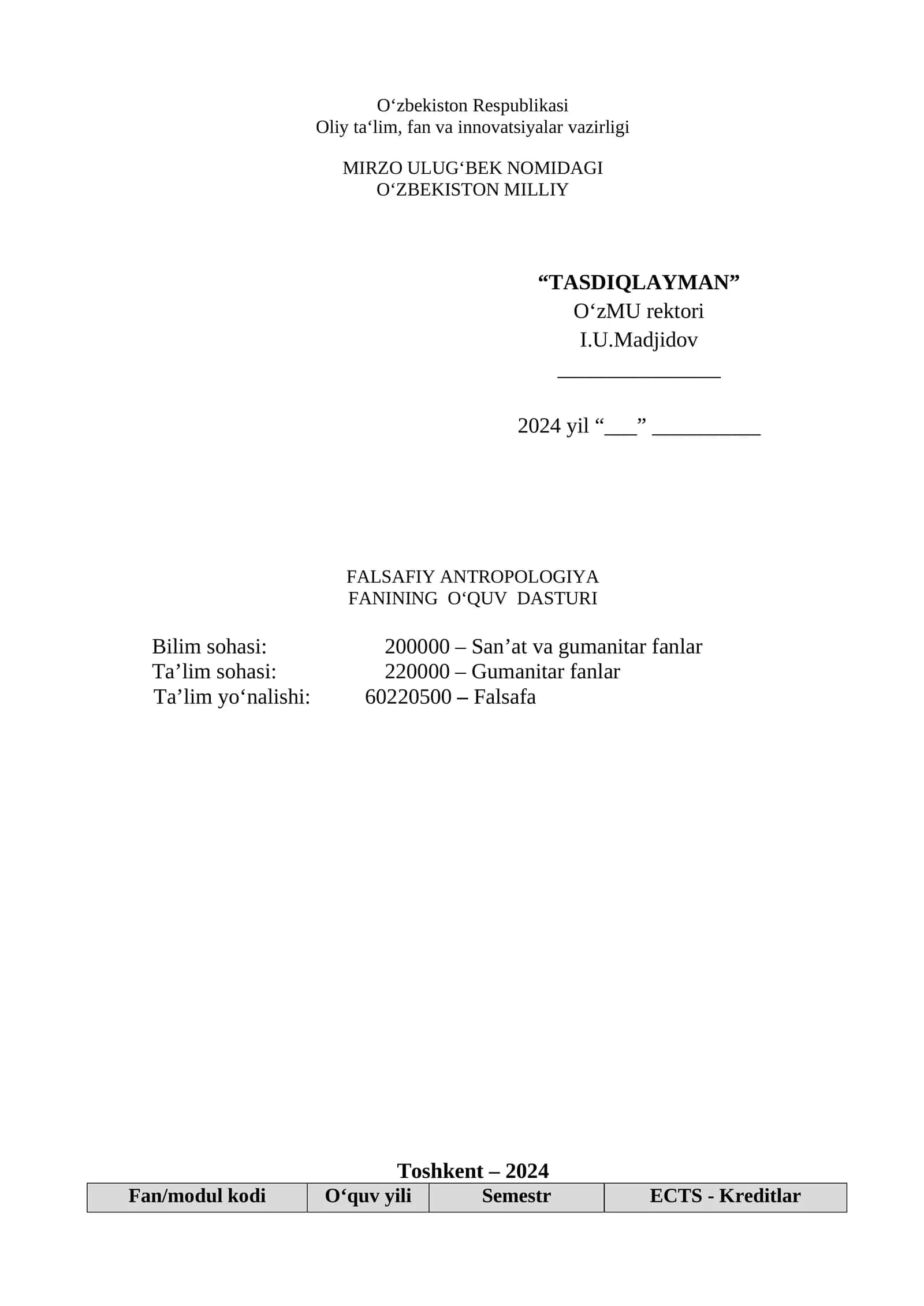 FALSAFIY ANTROPOLOGIYA FANINING O‘QUV DASTURI