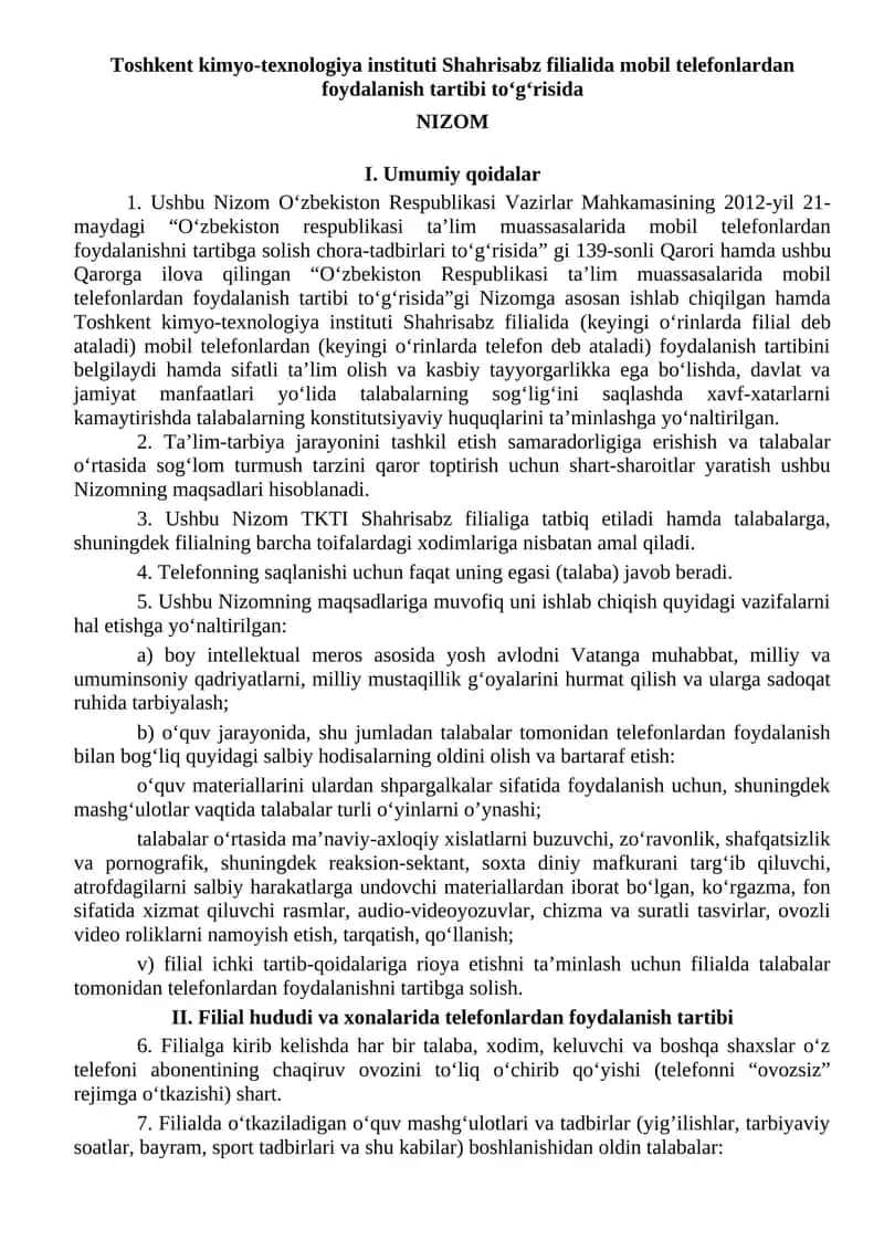 Mobil telefonlardan foydalanish tartibi Nizomi