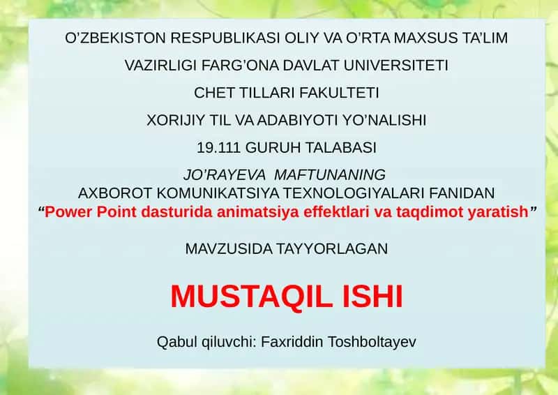 Power Point dasturida animatsiya effektlari va taqdimot yaratish