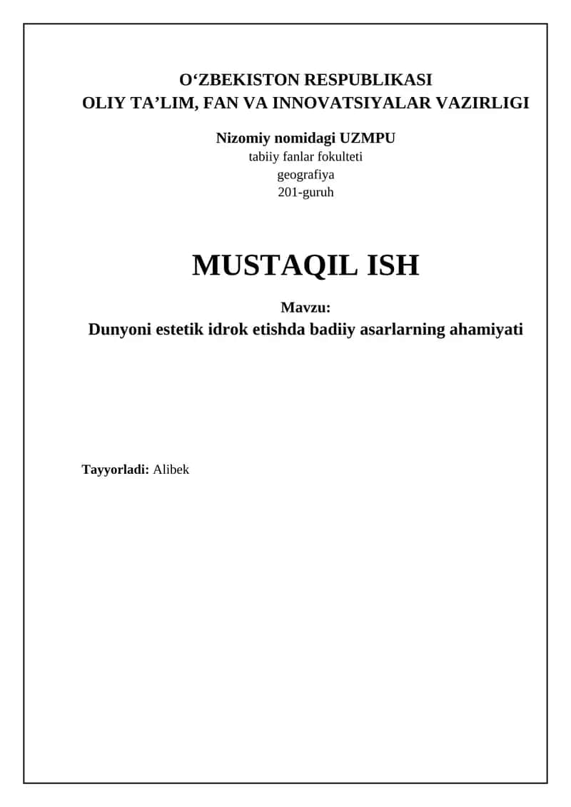 Dunyoni estetik idrok etishda badiiy asarlarning ahamiyati