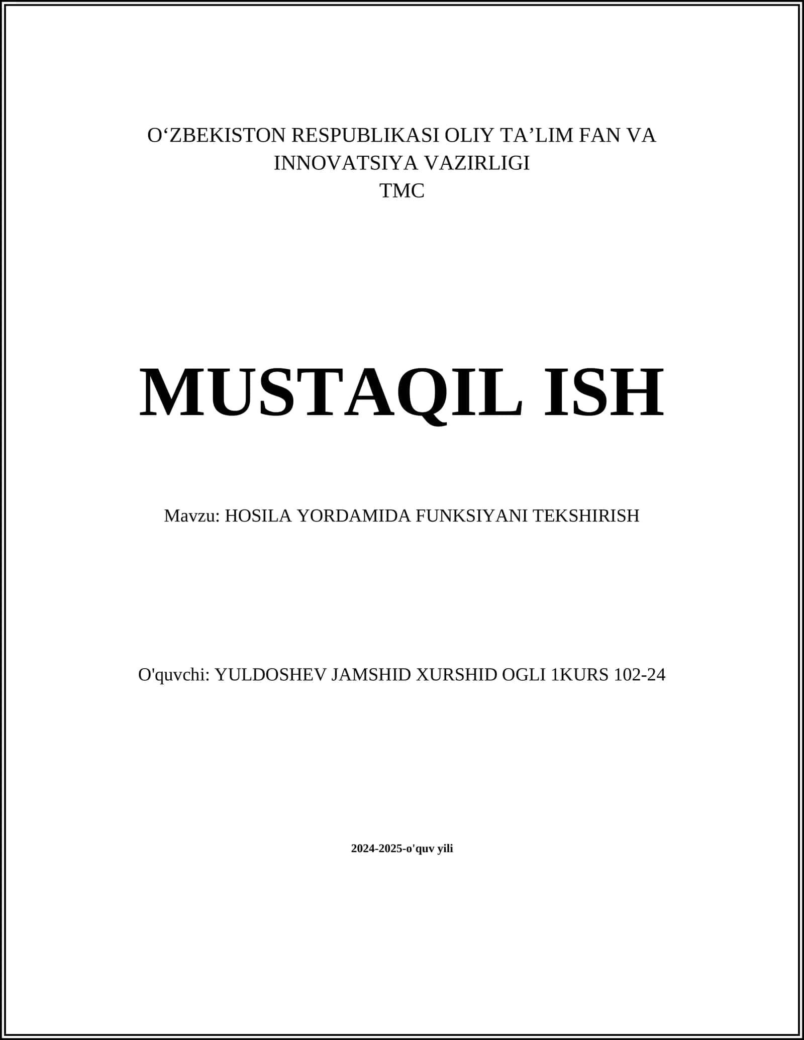 HOSILA YORDAMIDA FUNKSIYANI TEKSHIRISH