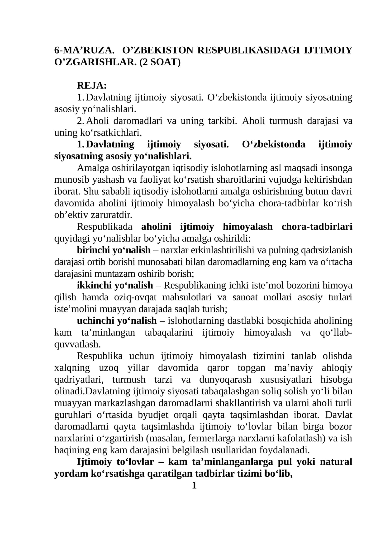 6-MA’RUZA. O’ZBEKISTON RESPUBLIKASIDAGI IJTIMOIY O’ZGARISHLAR
