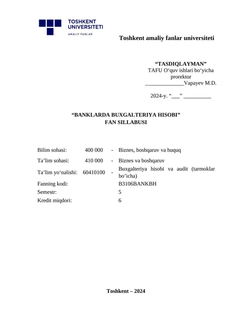 BANKLARDA BUXGALTERIYA HISOBI FAN SILLABUSI