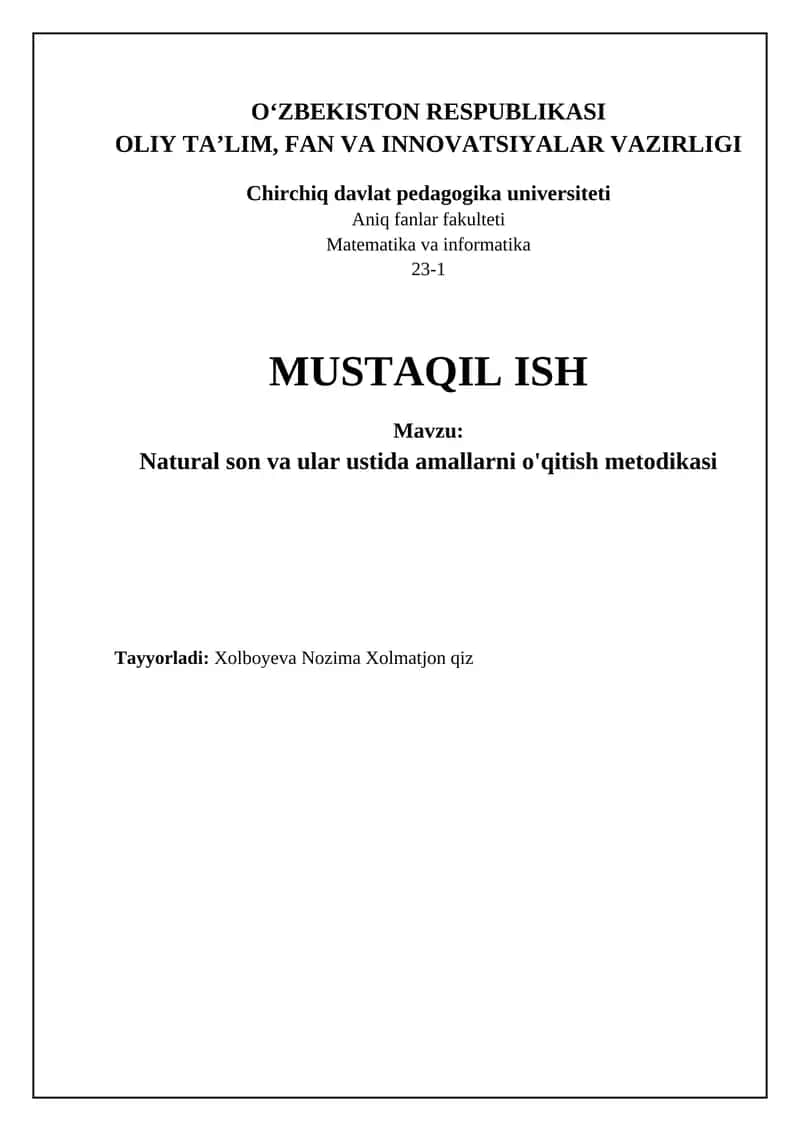 Natural son va ular ustida amallarni o'qitish metodikasi