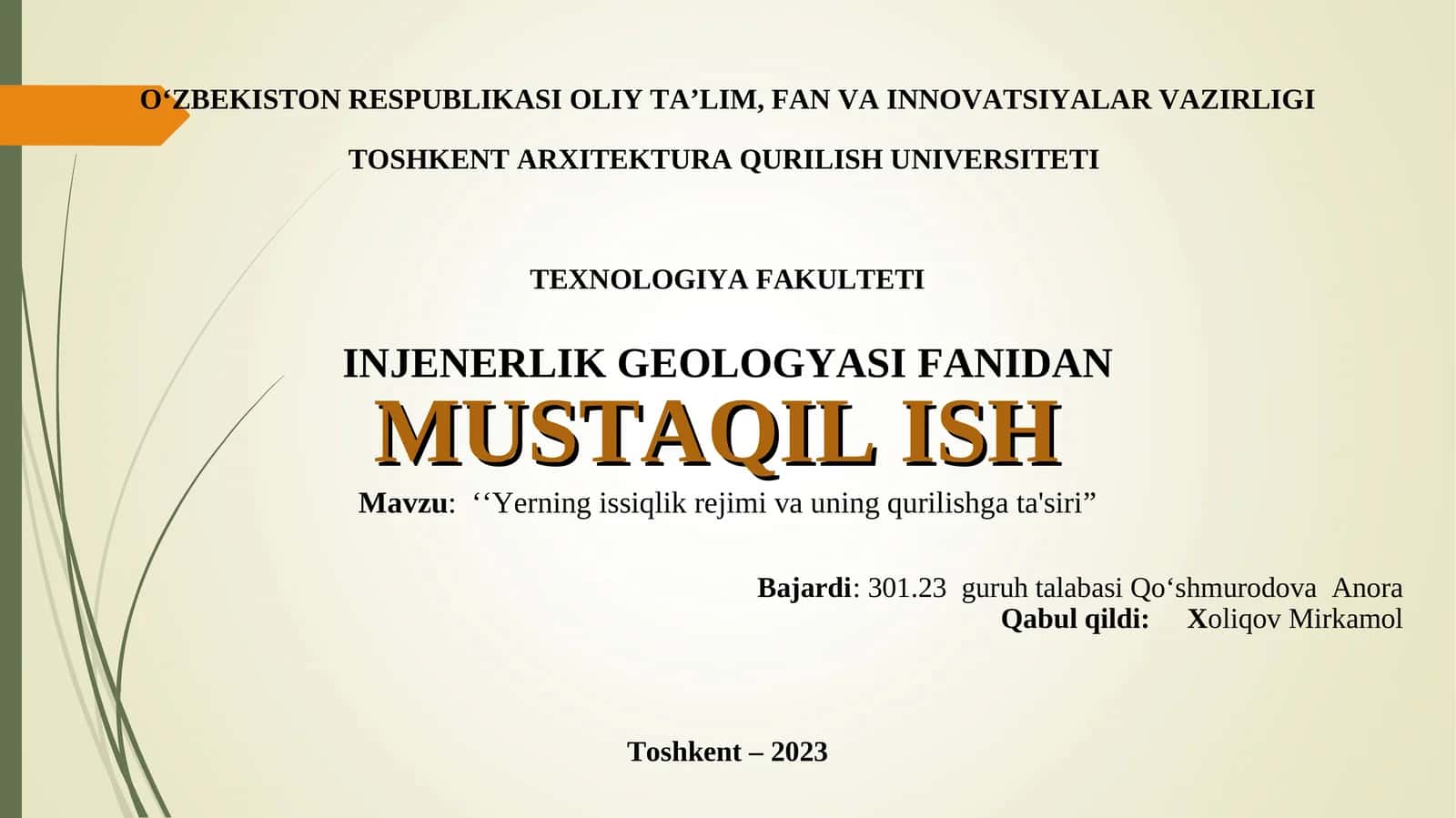 ‘‘Yerning issiqlik rejimi va uning qurilishga ta'siri”