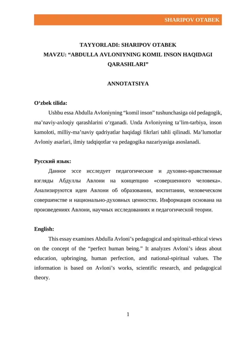 АBULLA AVLONIYNING KOMIL INSON HAQIDAGI QARASHLARI