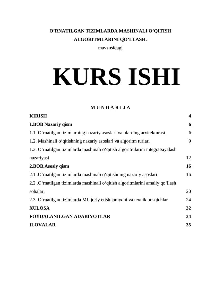 O’RNATILGAN TIZIMLARDA MASHINALI O’QITISH ALGORITMLARINI QO’LLASH