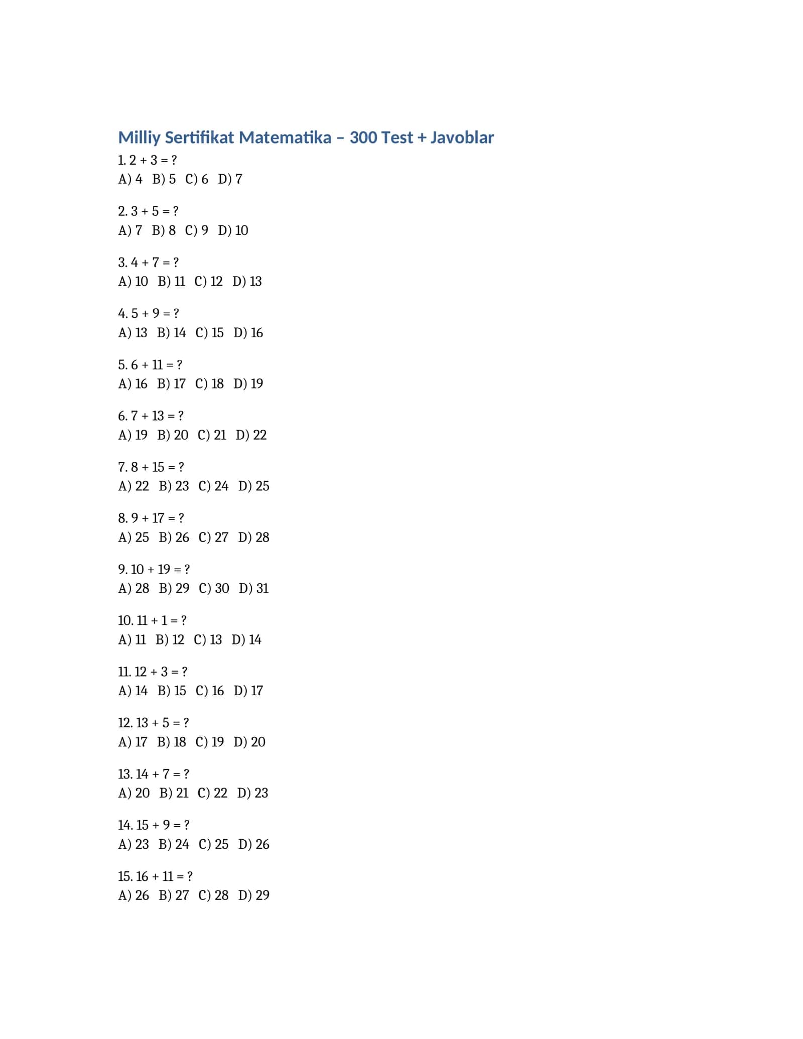 Milliy Sertifikat Matematika – 300 Test + Javoblar