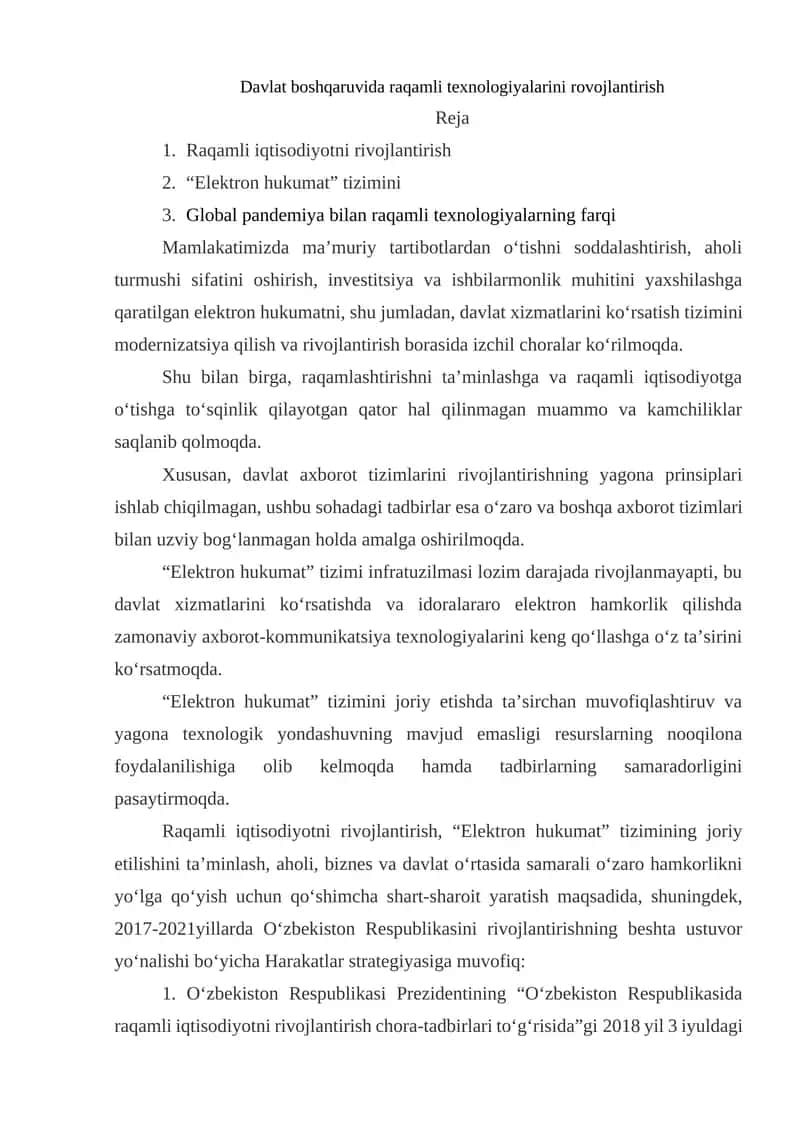 Davlat boshqaruvida raqamli texnologiyalarini rovojlantirish