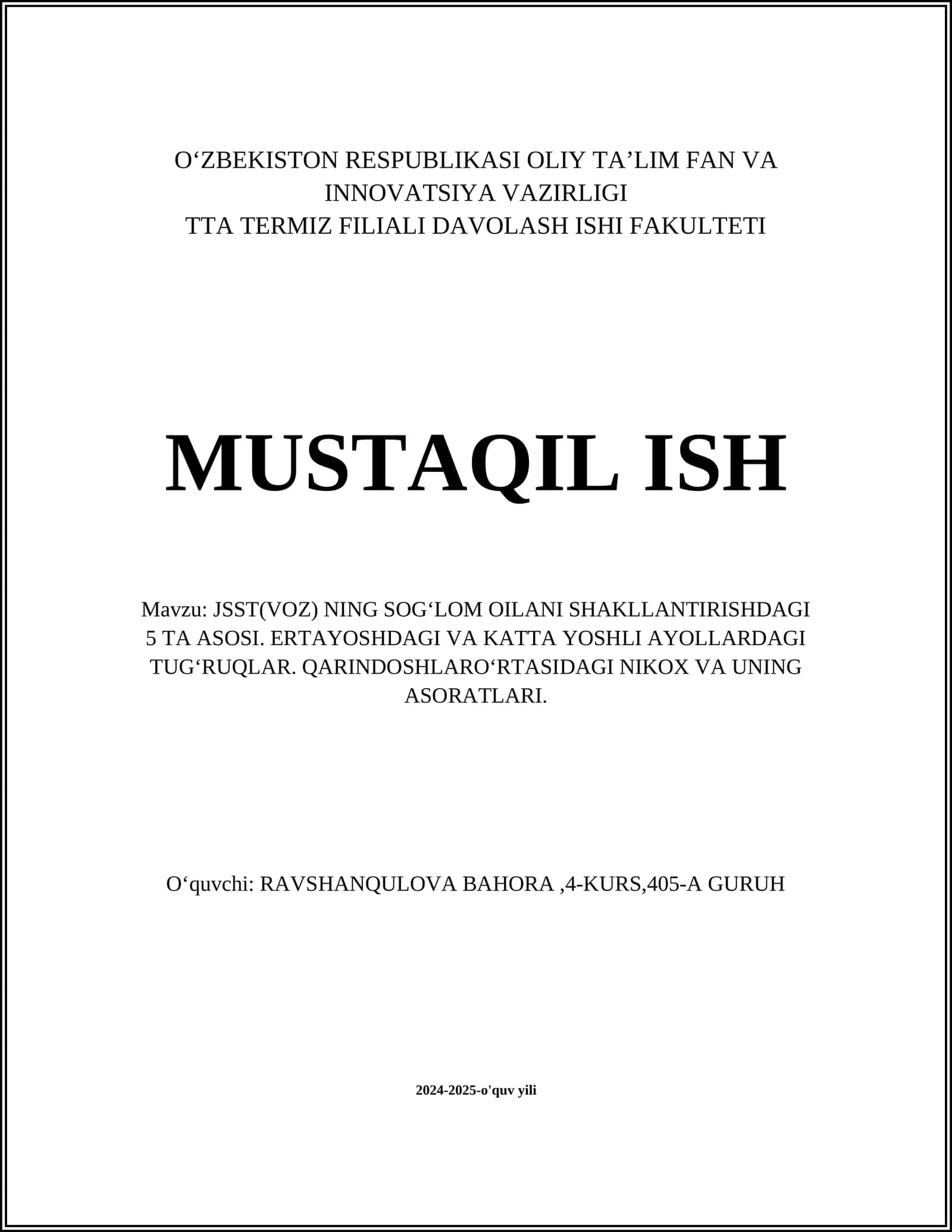 JSST(VOZ) NING SOG'LOM OILANI SHAKLLANTIRISHDAGI 5 TA ASOSI
