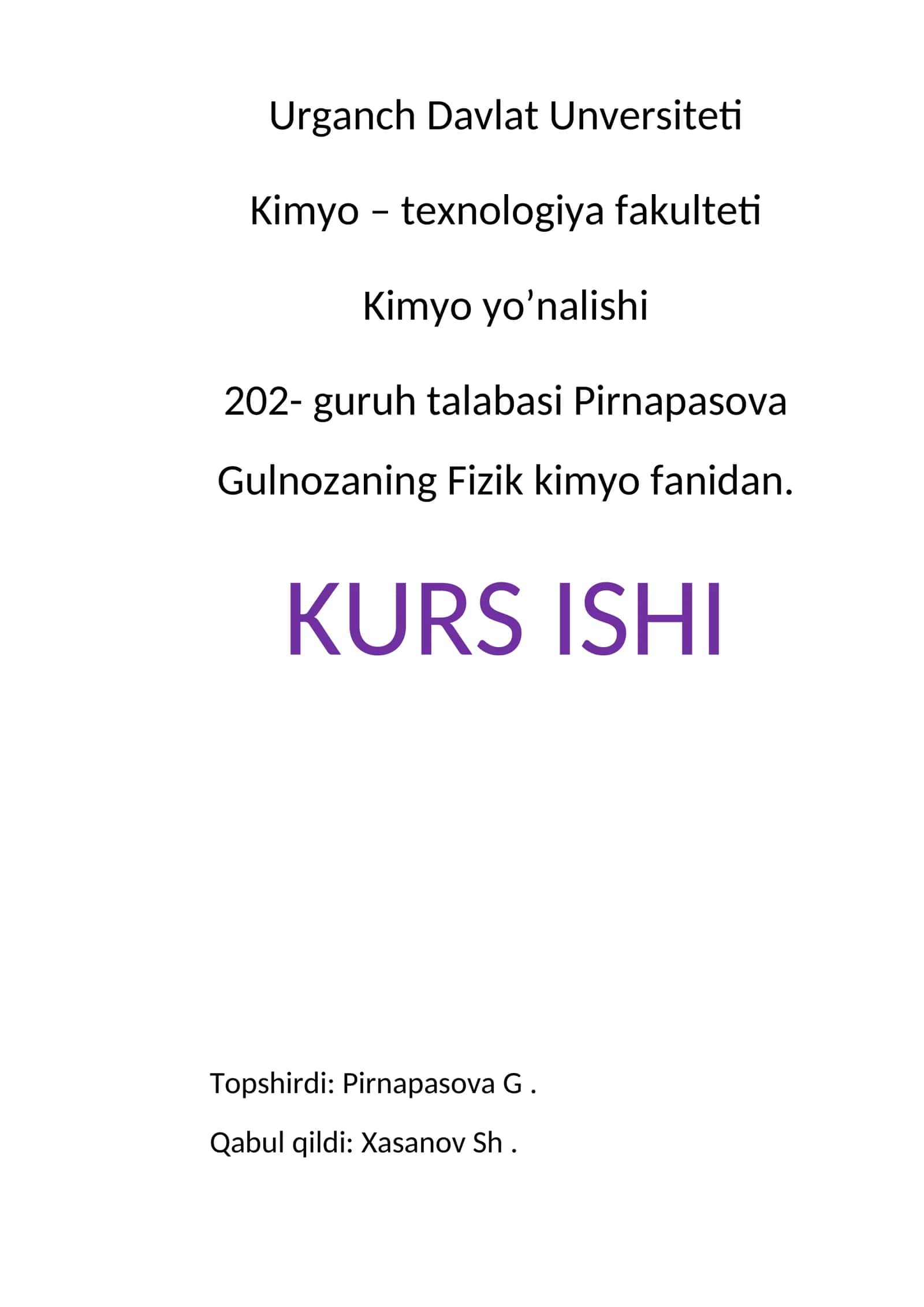 Kimyo – texnologiya fakulteti KIMYO YO’NALISHI