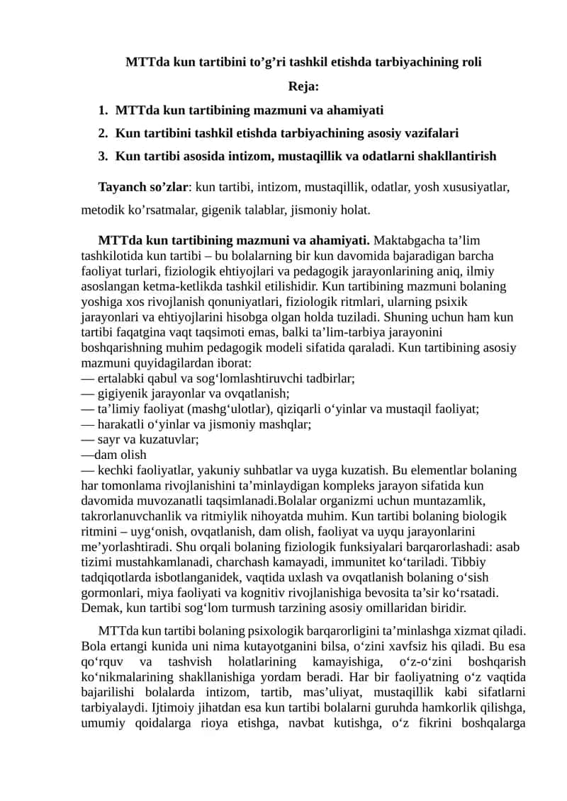 Kun tartibi tashkil etish ma'ruza matni