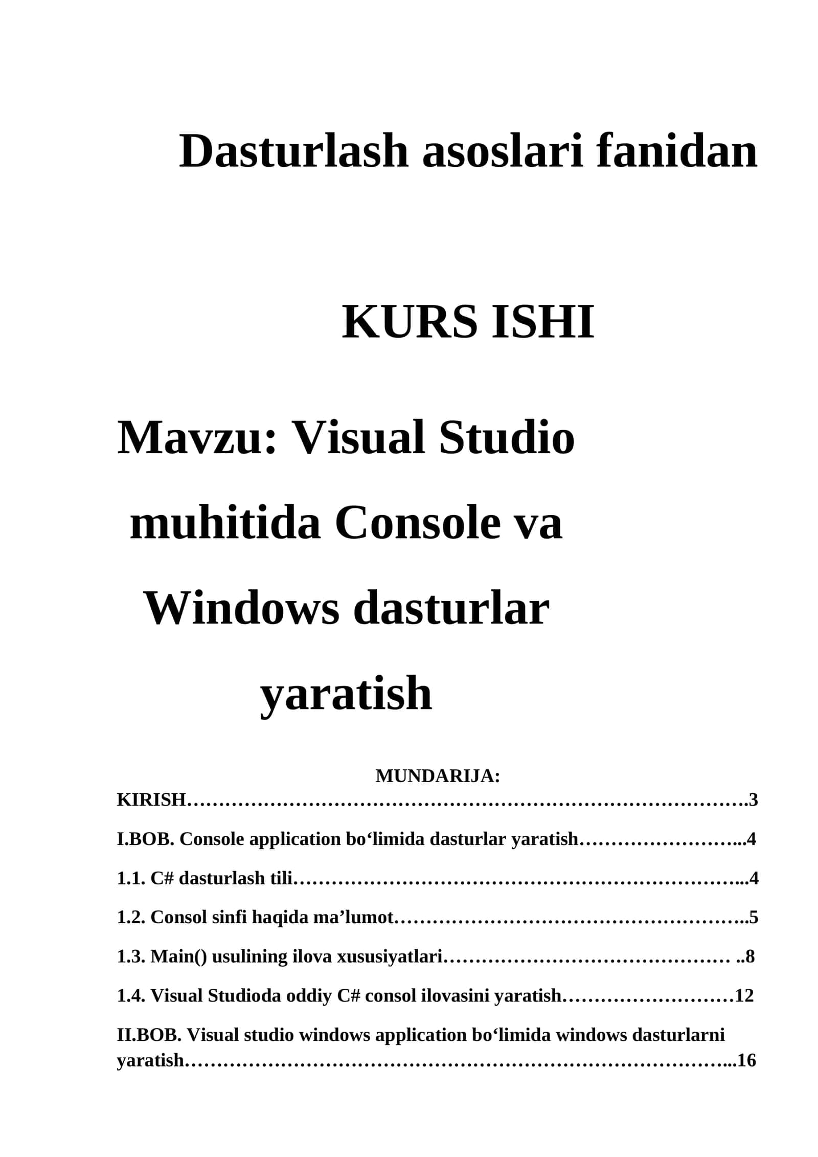 Visual Studio muhitida Console va Windows dasturlar yaratish
