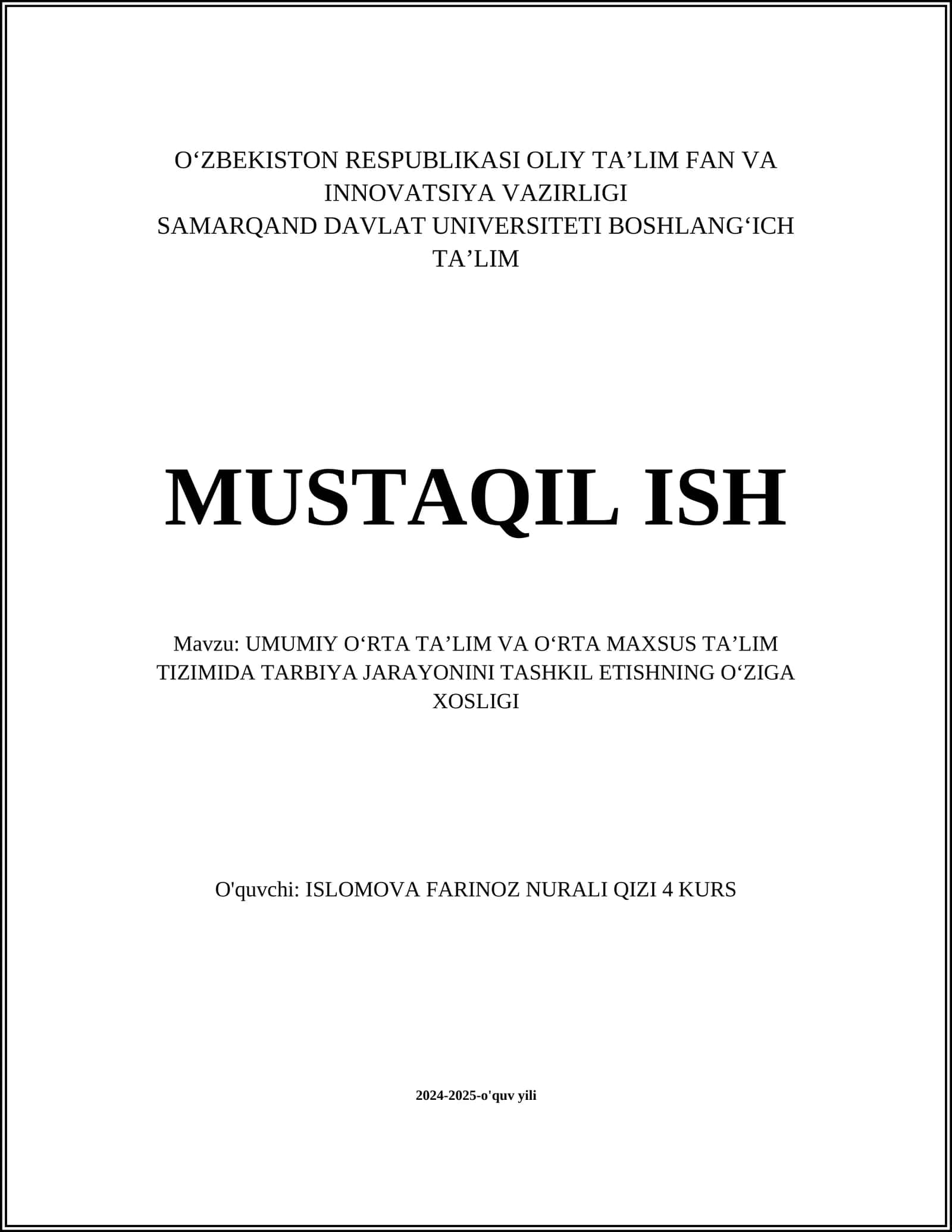 UMUMIY OʻRTA TAʼLIM VA OʻRTA MAXSUS TAʼLIM TIZIMIDA TARBIYA JARAYONINI TASHKIL ETISHNING OʻZIGA XOSLIGI