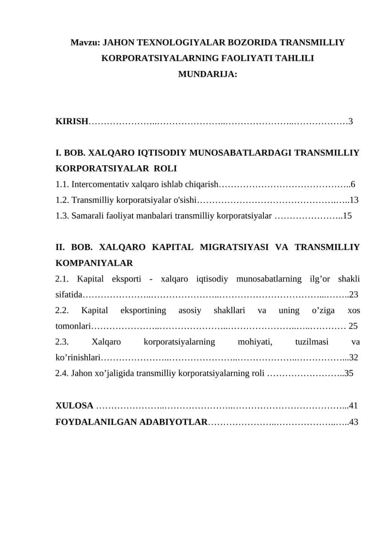 JAHON TEXNOLOGIYALAR BOZORIDA TRANSMILLIY KORPORATSIYALARNING FAOLIYATI TAHLILI