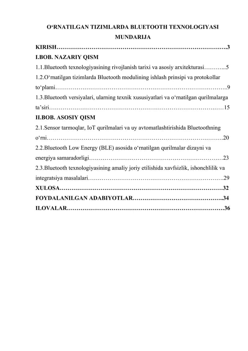 O‘RNATILGAN TIZIMLARDA BLUETOOTH TEXNOLOGIYASI