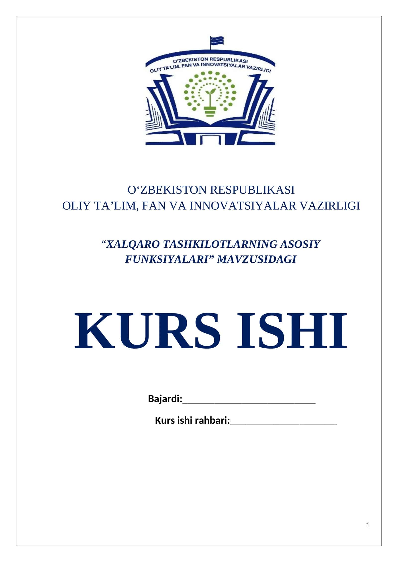 “XALQARO TASHKILOTLARNING ASOSIY FUNKSIYALARI” MAVZUSIDAGI KURS ISHI
