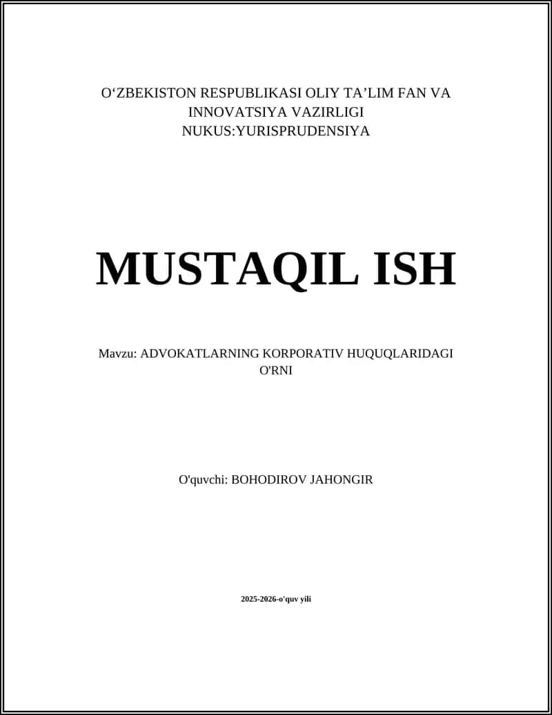 ADVOKATLARNING KORPORATIV HUQUQLARIDAGI O'RNI